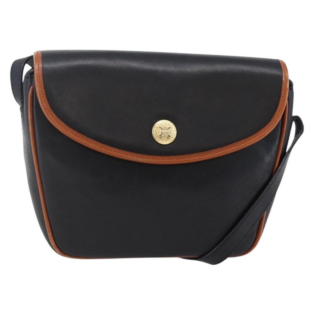 Authentic CELINE Shoulder Bag Leather Black Gold